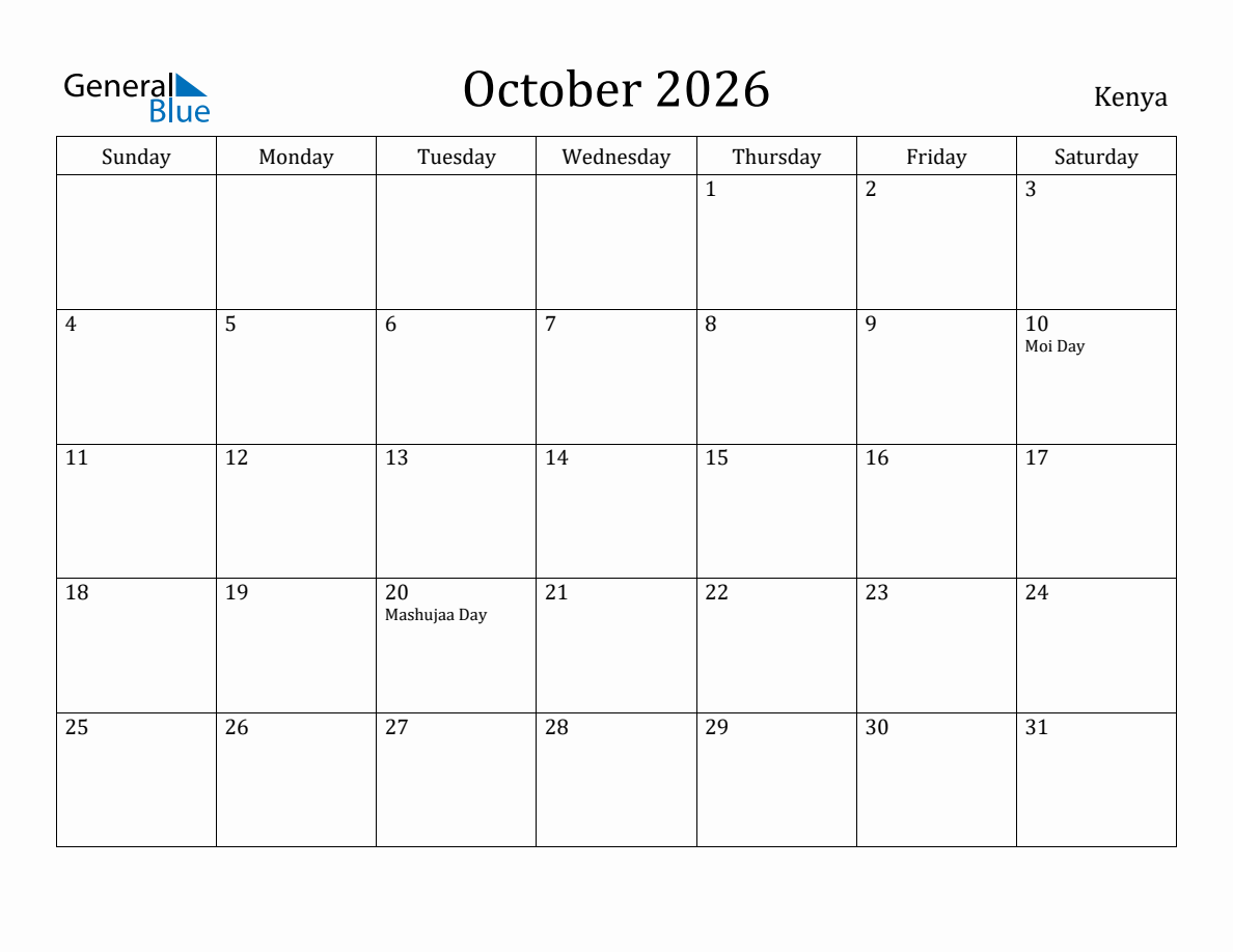 October 2026 monthly calendar with holidays in Kenya