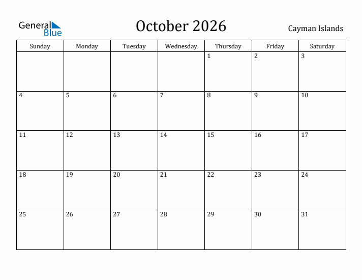 October 2026 Calendar Cayman Islands