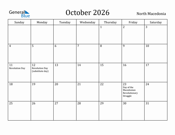 October 2026 Calendar North Macedonia