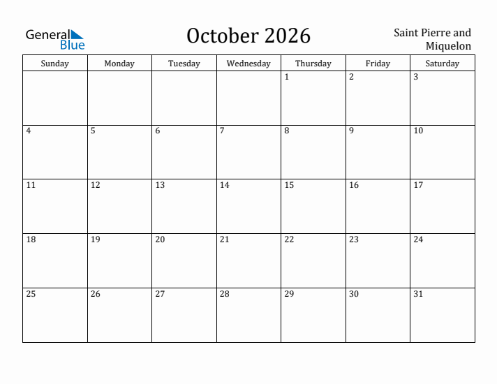October 2026 Calendar Saint Pierre and Miquelon