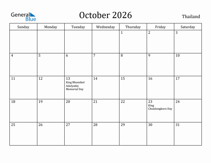 October 2026 Calendar Thailand