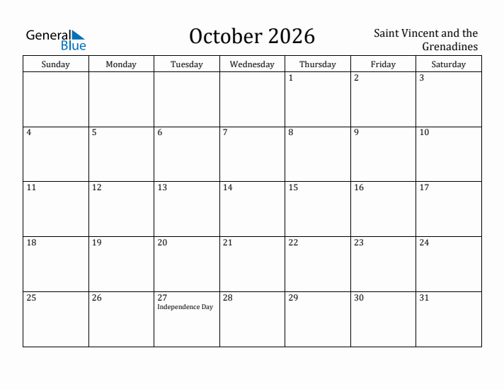 October 2026 Calendar Saint Vincent and the Grenadines