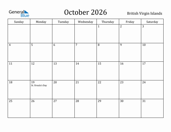 October 2026 Calendar British Virgin Islands