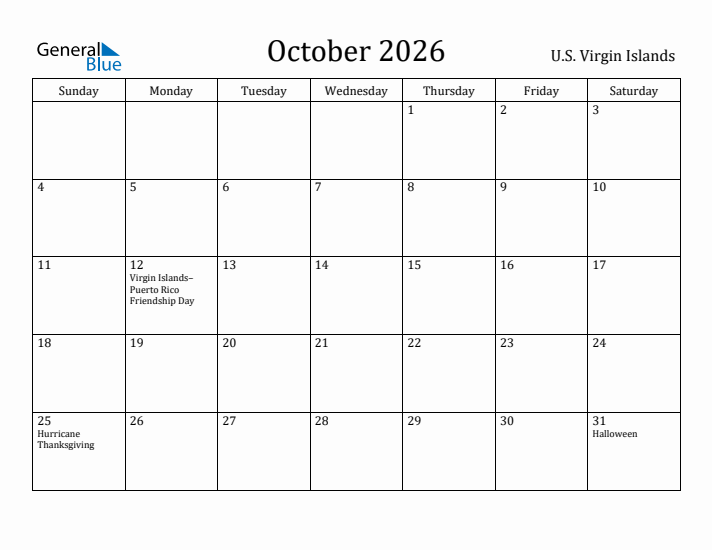 October 2026 Calendar U.S. Virgin Islands
