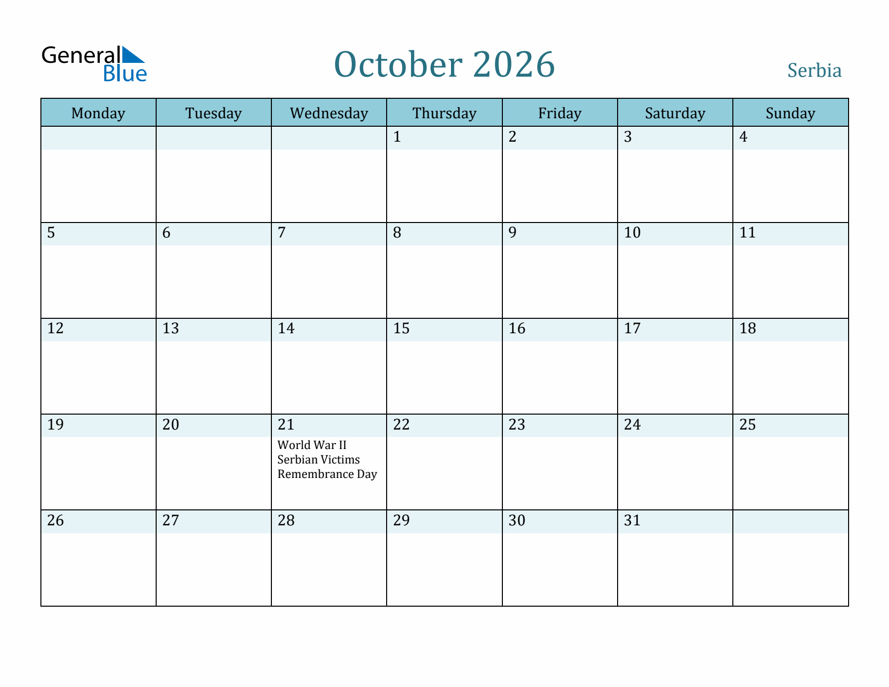 October 2026 Calendar with Holidays