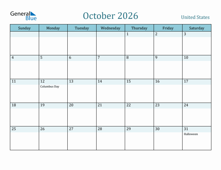 October 2026 Monthly Calendars With United States Holidays