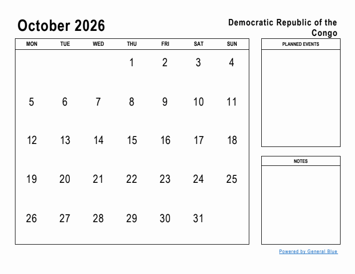 October 2026 Printable Monthly Calendar with Democratic Republic of the Congo Holidays