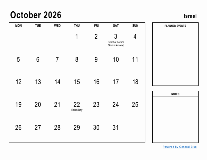 October 2026 Printable Monthly Calendar with Israel Holidays