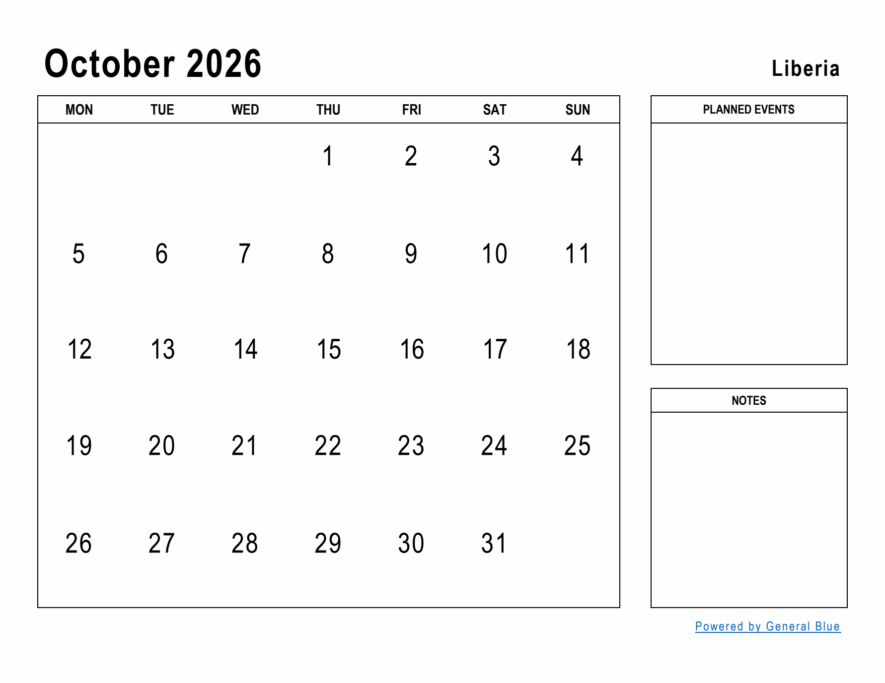 October 2026 Printable Monthly Calendar with Liberia Holidays