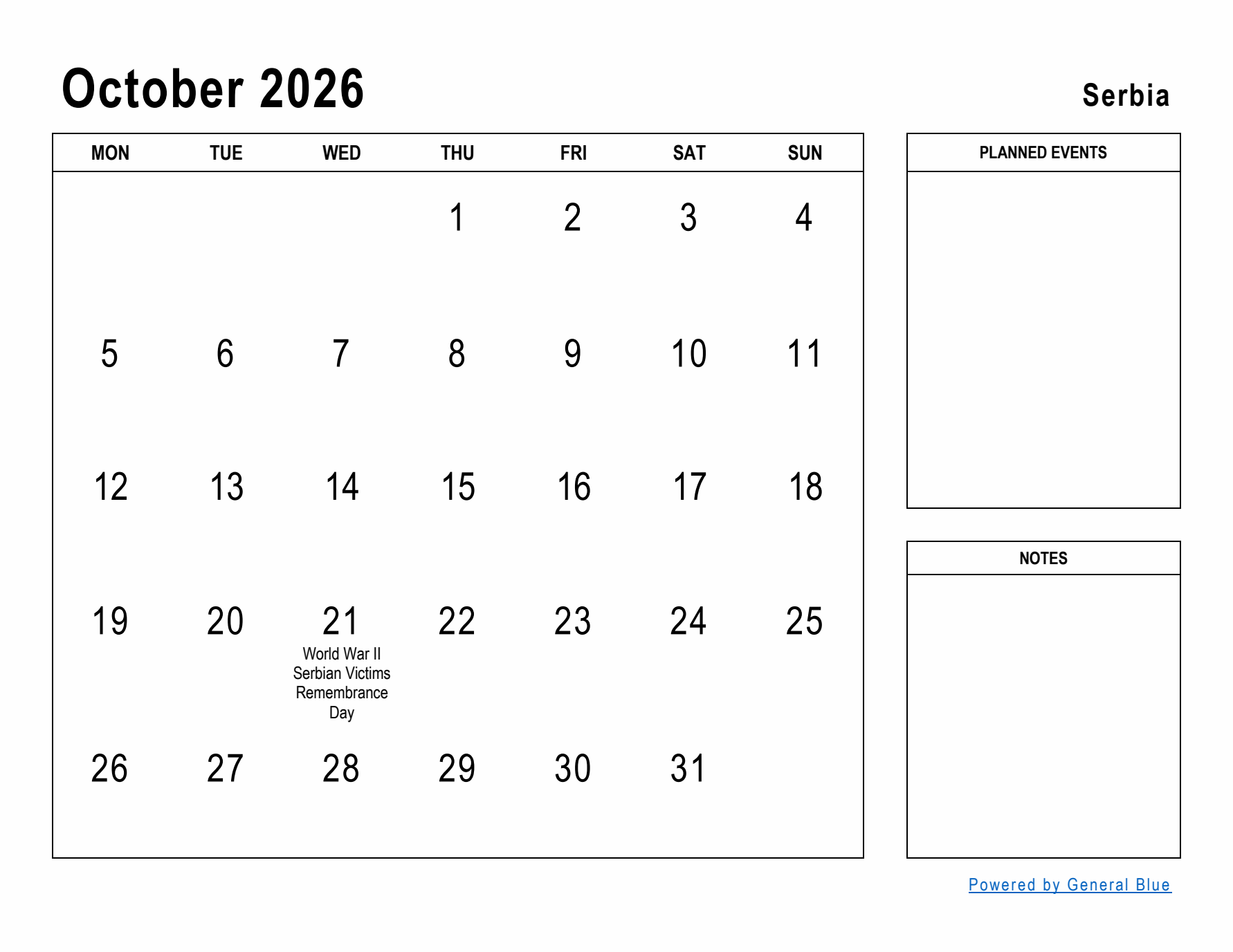 October 2026 Printable Monthly Calendar with Serbia Holidays