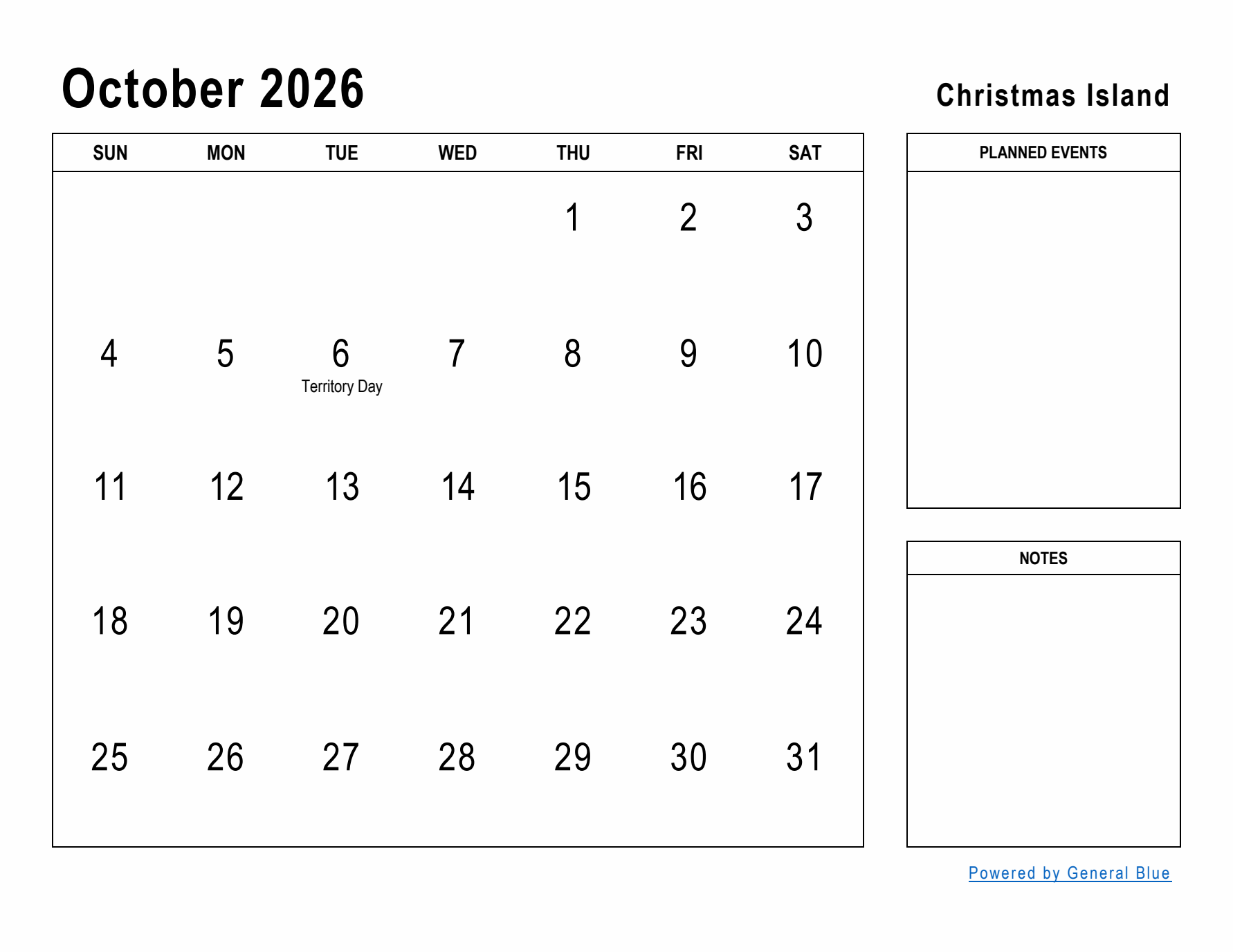 October 2026 Printable Monthly Calendar with Christmas Island Holidays