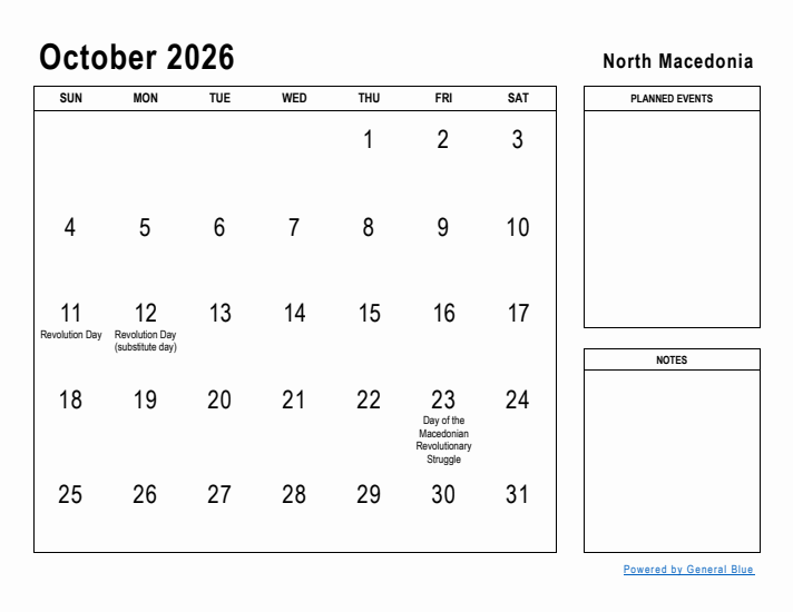October 2026 Printable Monthly Calendar with North Macedonia Holidays