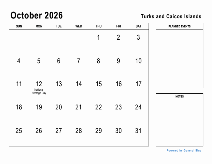 October 2026 Printable Monthly Calendar with Turks and Caicos Islands Holidays