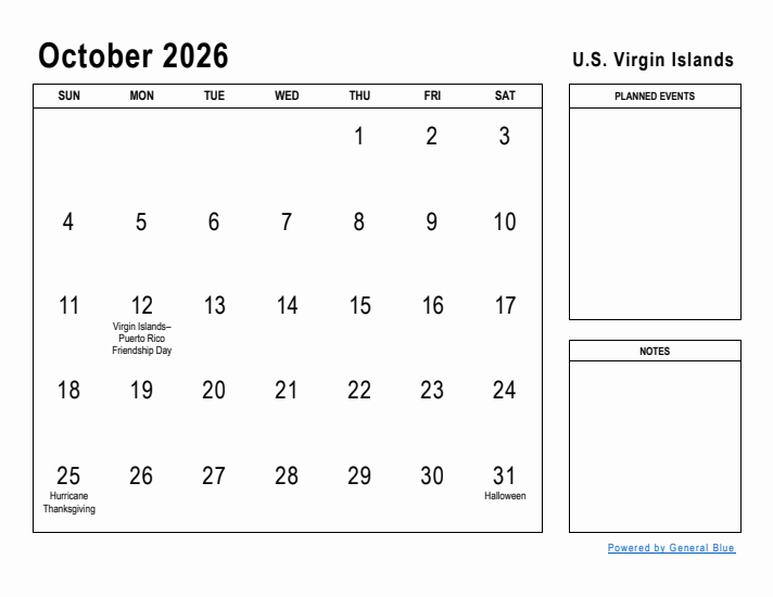 October 2026 Printable Monthly Calendar with U.S. Virgin Islands Holidays