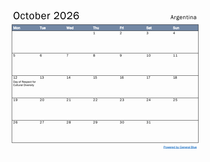 October 2026 Simple Monthly Calendar for Argentina