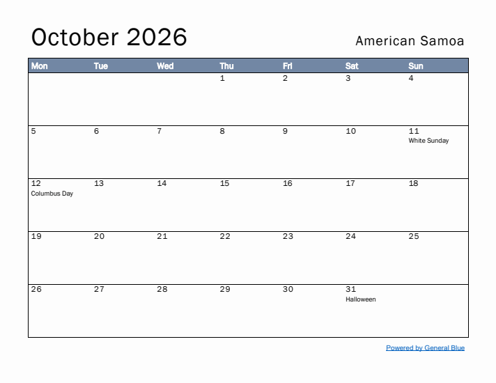 October 2026 Simple Monthly Calendar for American Samoa