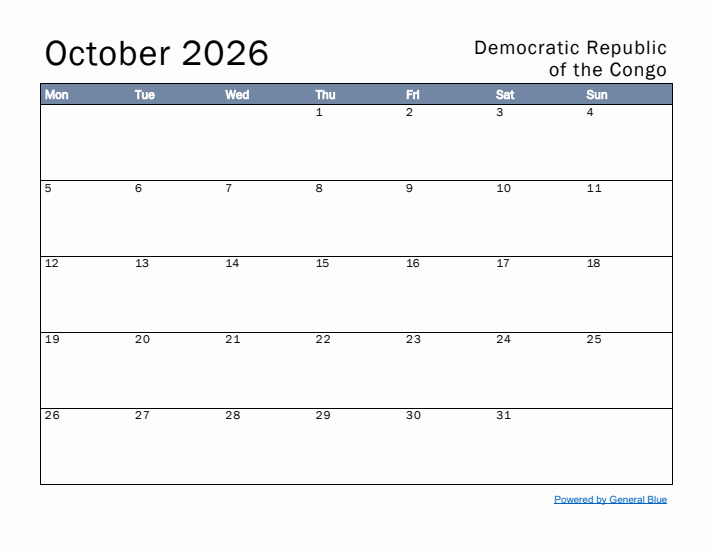 October 2026 Simple Monthly Calendar for Democratic Republic of the Congo