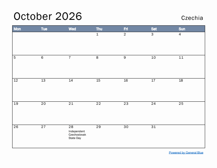 October 2026 Simple Monthly Calendar for Czechia