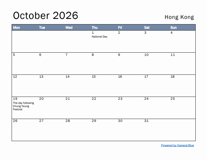October 2026 Simple Monthly Calendar for Hong Kong