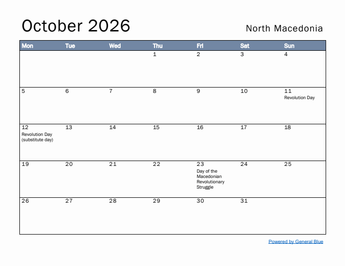 October 2026 Simple Monthly Calendar for North Macedonia