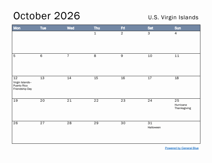 October 2026 Simple Monthly Calendar for U.S. Virgin Islands