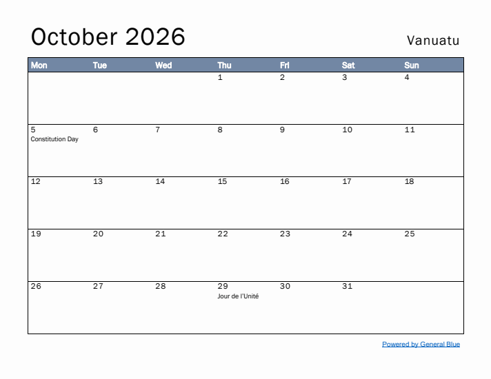 October 2026 Simple Monthly Calendar for Vanuatu