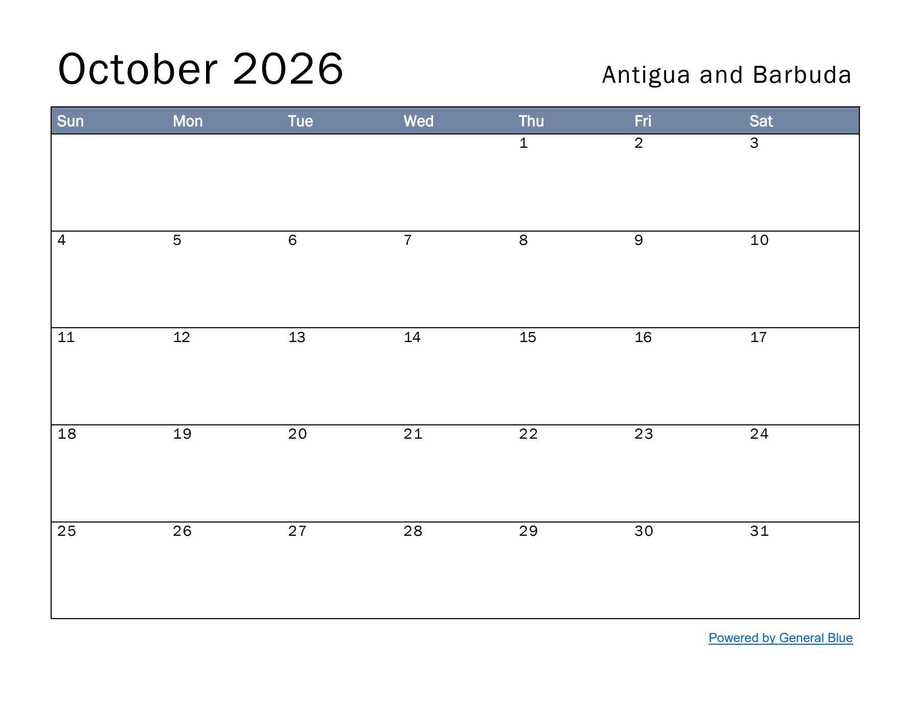 October 2026 Simple Monthly Calendar for Antigua and Barbuda