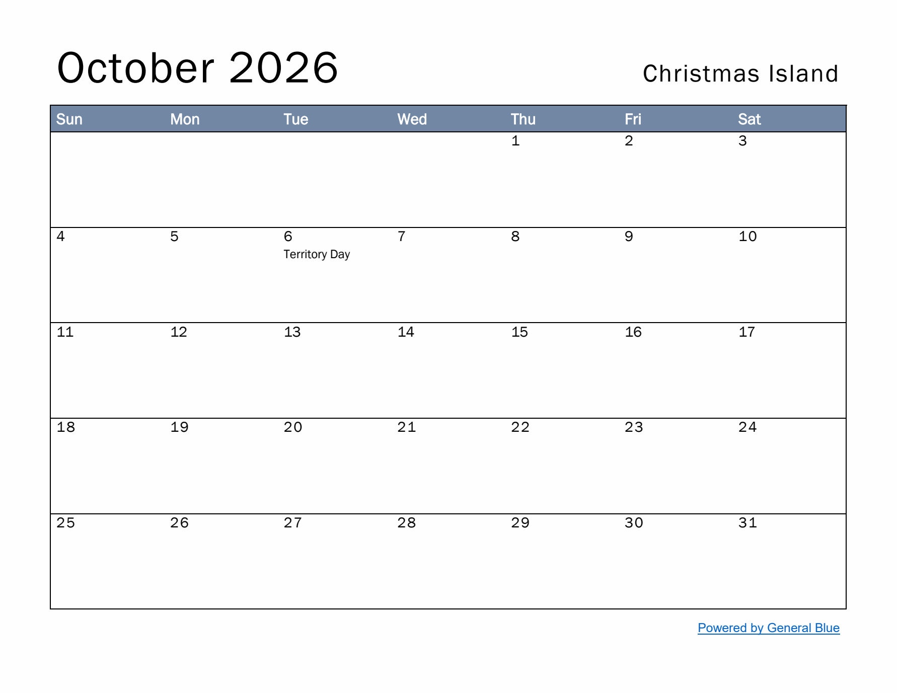 October 2026 Simple Monthly Calendar for Christmas Island