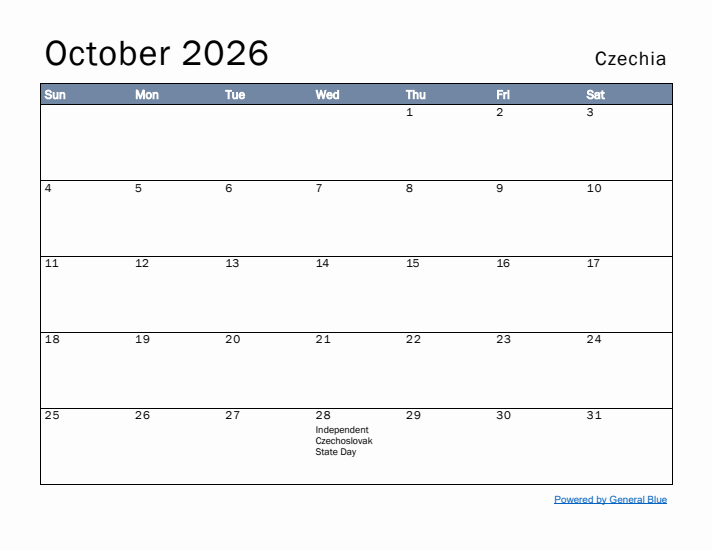 October 2026 Simple Monthly Calendar for Czechia