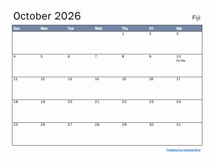 October 2026 Simple Monthly Calendar for Fiji