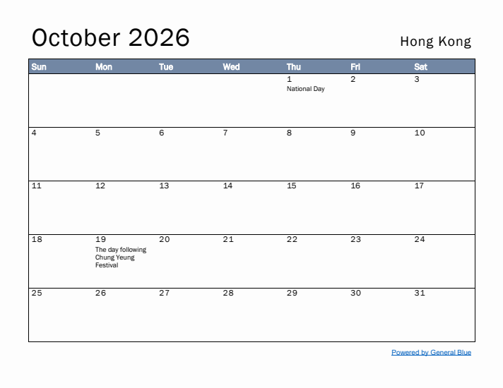 October 2026 Simple Monthly Calendar for Hong Kong