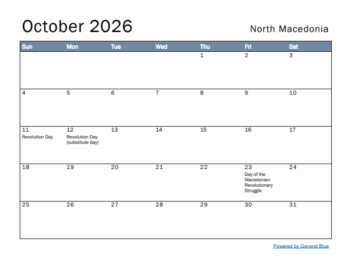 October 2026 Simple Monthly Calendar for North Macedonia