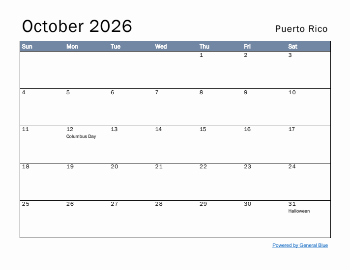 October 2026 Simple Monthly Calendar for Puerto Rico