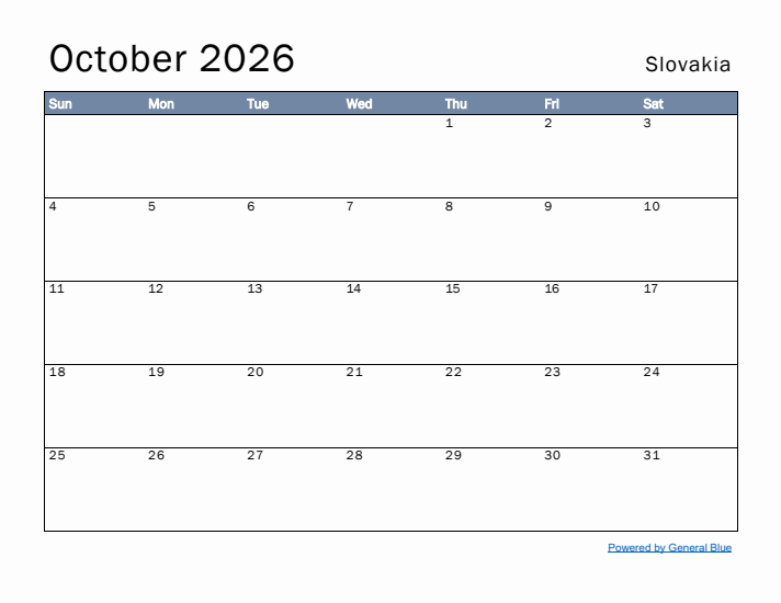 October 2026 Simple Monthly Calendar for Slovakia
