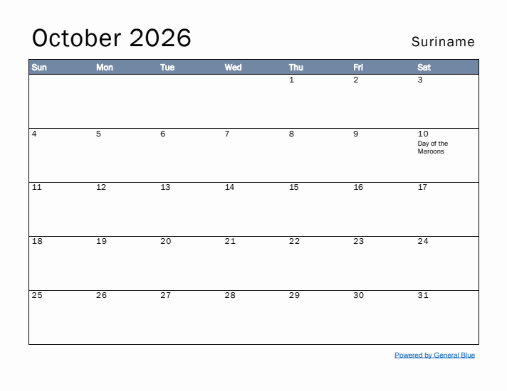 October 2026 Simple Monthly Calendar for Suriname