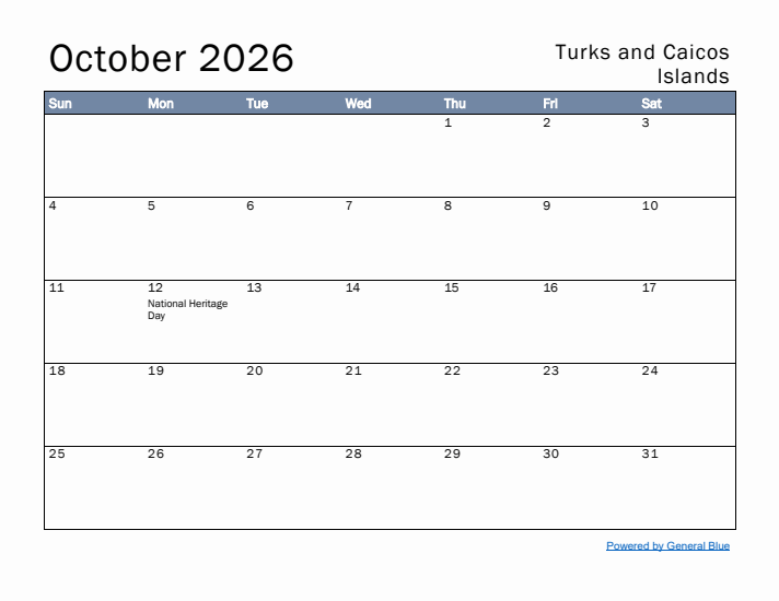October 2026 Simple Monthly Calendar for Turks and Caicos Islands