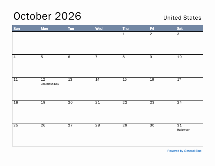 October 2026 Monthly Calendars With United States Holidays