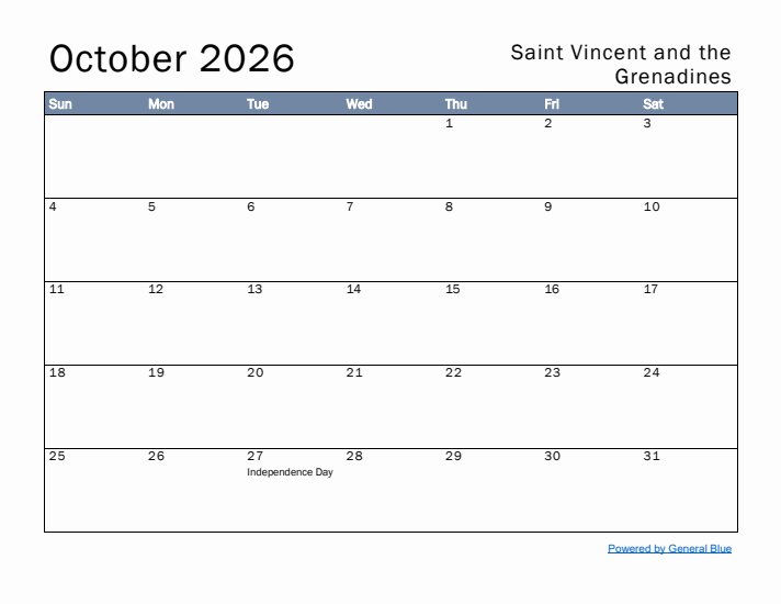 October 2026 Simple Monthly Calendar for Saint Vincent and the Grenadines