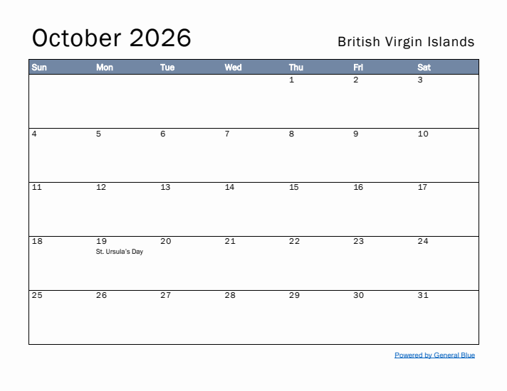 October 2026 Simple Monthly Calendar for British Virgin Islands