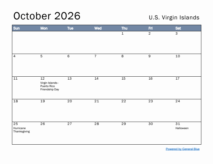 October 2026 Simple Monthly Calendar for U.S. Virgin Islands