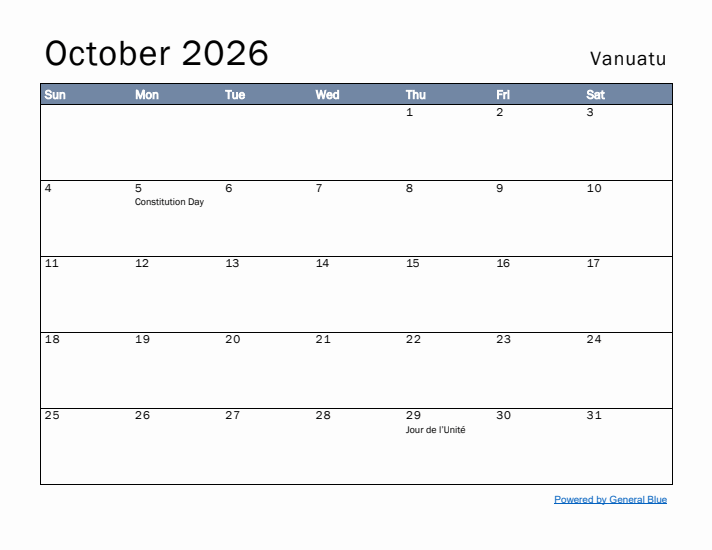October 2026 Simple Monthly Calendar for Vanuatu