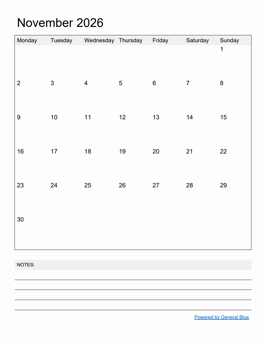 Free Printable Monthly Calendar for November 2026