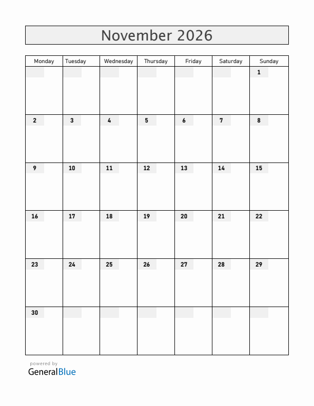 Blank November 2026 Calendar