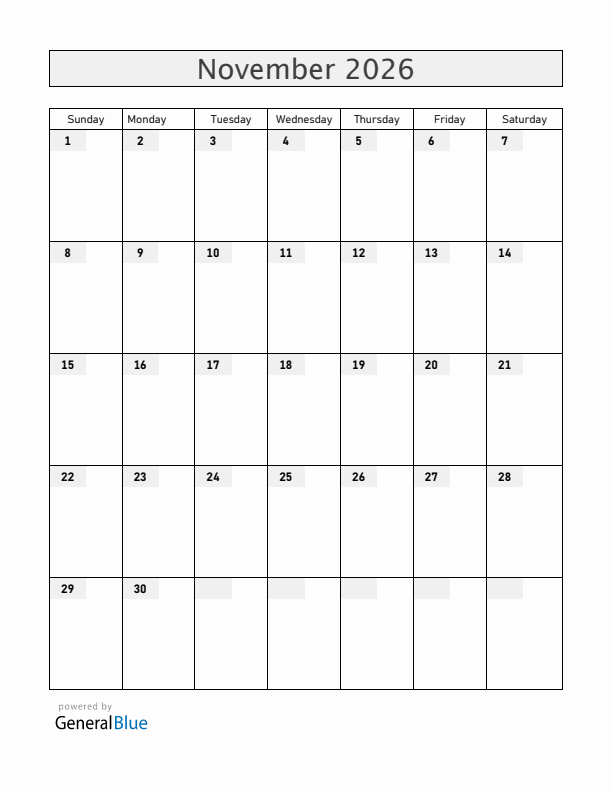 Blank November 2026 Calendar