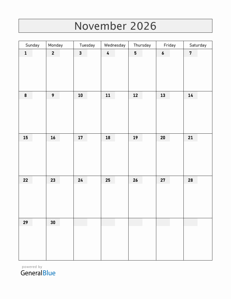 Blank November 2026 Calendar