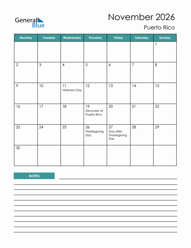 Calendar with Notes Printable - Monday Start
