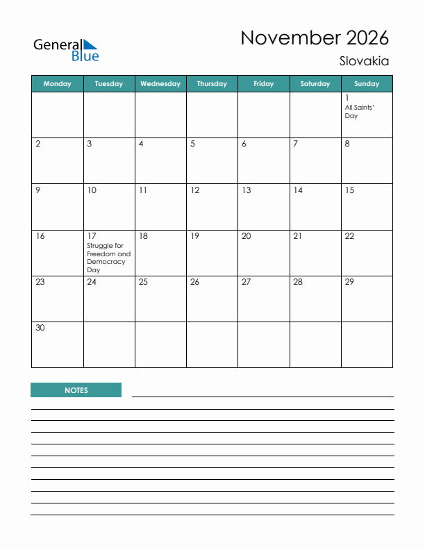Calendar with Notes Printable - Monday Start