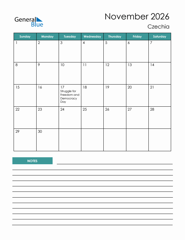 Calendar with Notes Printable - Sunday Start