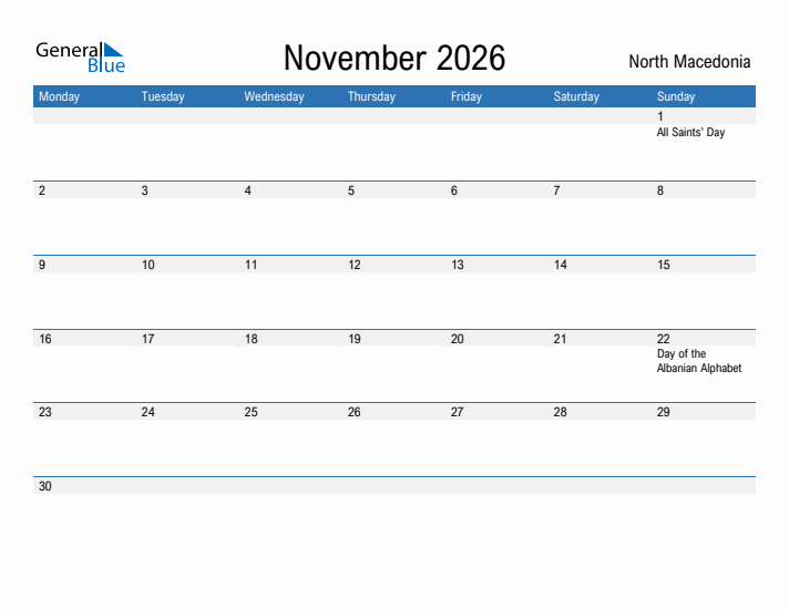 Fillable November 2026 Calendar