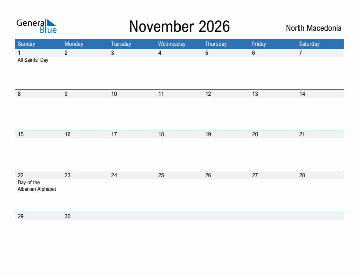 Fillable November 2026 Calendar